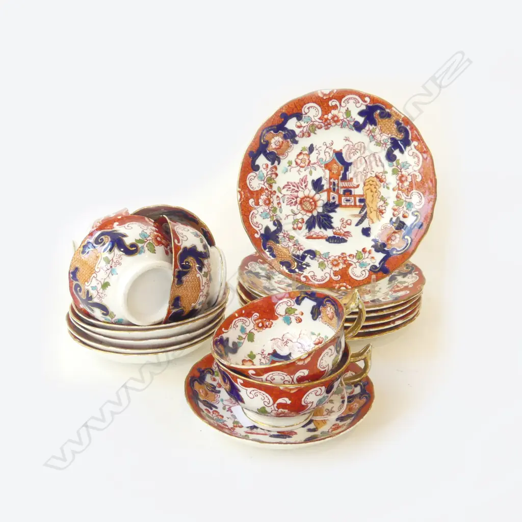 SIX VICTORIAN CHINOISERIE PATTERN TEACUPS, SAUCERS, & PLATES BY ROYAL STAFFORD CHINA ENGLAND HANDPAINTED DETAIL Image 1++