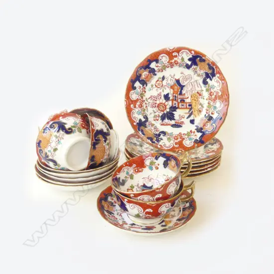 SIX VICTORIAN CHINOISERIE PATTERN TEACUPS, SAUCERS, & PLATES BY ROYAL STAFFORD CHINA ENGLAND HANDPAINTED DETAIL