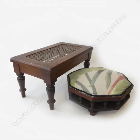 2 FOOTSOOLS; WOODEN w. CANED INSET W.380mm, OCTAGONAL 280mm dia