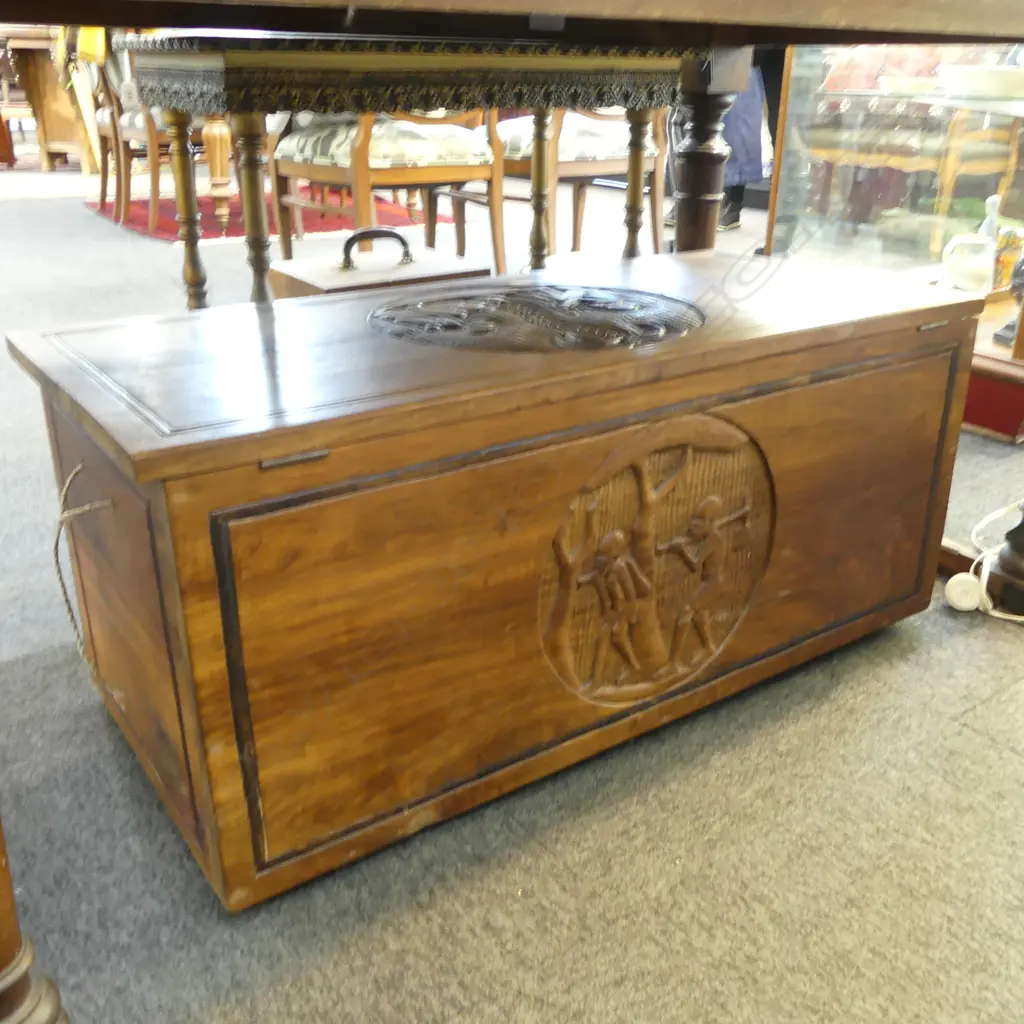 AFRICAN CARVED HARDWOOD STORAGE BOX, L.980mm Image 1++