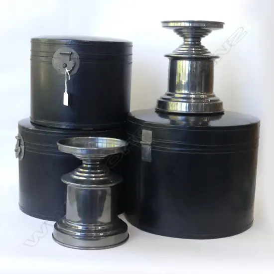 3 BLACK ORIENTAL HAT BOXES 375mm dia + PR SILVER METAL STANDS H.245mm