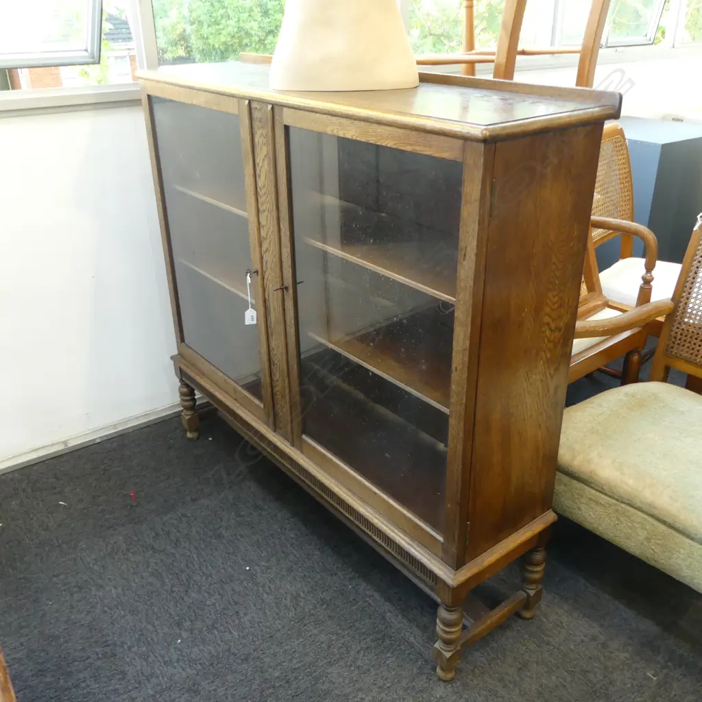 1920s/30s OAK GLAZED DISPLAY CABINET 1160x310x1085mm - BORER IN BACK BOARD Image 1++