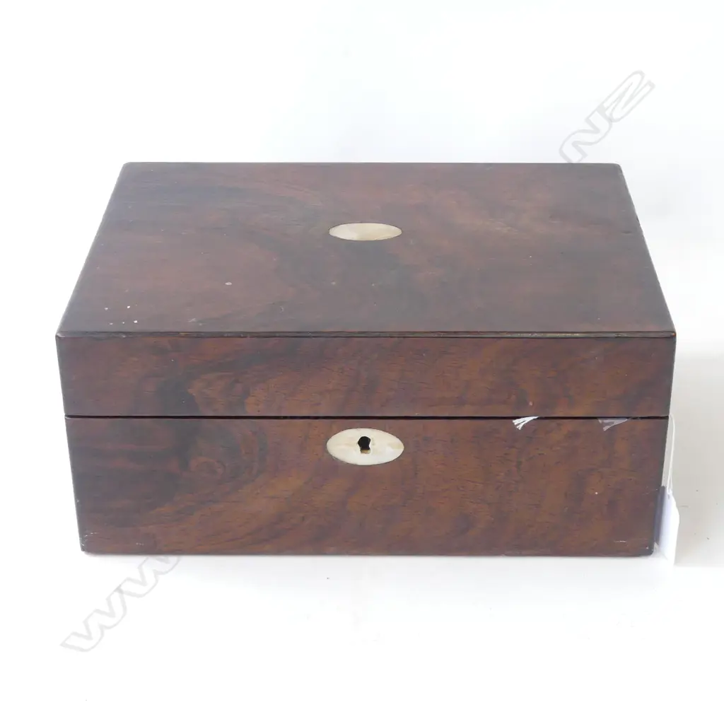 VICTORIAN MOP INLAID ROSEWOOD WORKBOX, L.270mm + CONTENTS LACE TRIM Image 1++