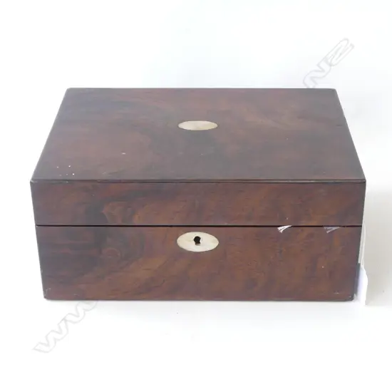VICTORIAN MOP INLAID ROSEWOOD WORKBOX, L.270mm + CONTENTS LACE TRIM