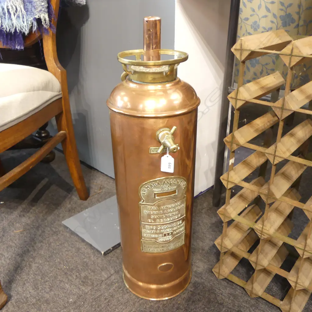 ANTIQUE BRASS & COPPER FIRE EXTINGUISHER EX ARGENTINE NAVY H.640mm Image 1++