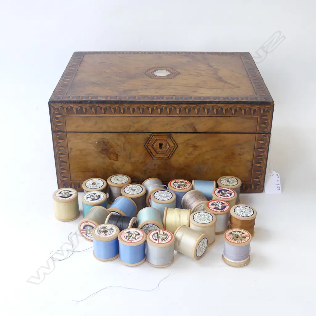VICTORIAN WALNUT INLAID WORKBOX, L.300mm + CONTENTS OF VINTAGE COTTONS Image 1++