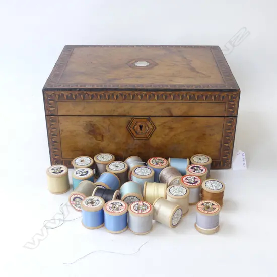 VICTORIAN WALNUT INLAID WORKBOX, L.300mm + CONTENTS OF VINTAGE COTTONS