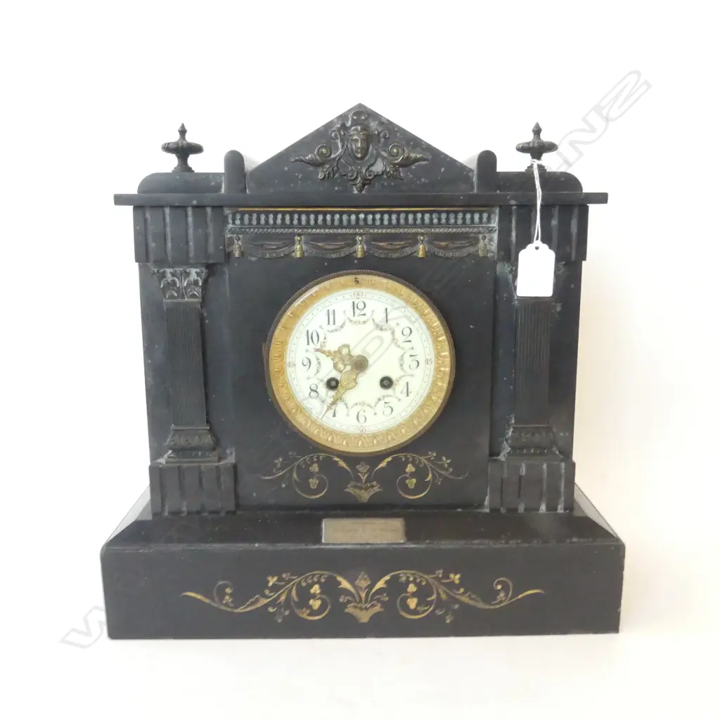 LATE 19thC BLACK SLATE MANTLE CLOCK H.370mm Image 1++