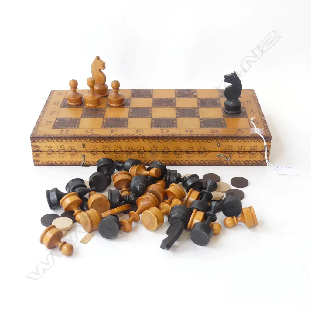 VINTAGE POKER WORKED GAMEBOARD BOX, enclosing CHESS SET & BACKGAMMON pieces. L.340mm Image 1++
