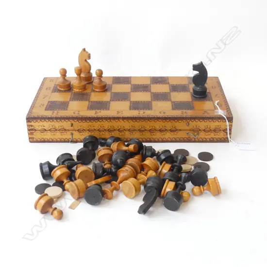 VINTAGE POKER WORKED GAMEBOARD BOX, enclosing CHESS SET & BACKGAMMON pieces. L.340mm