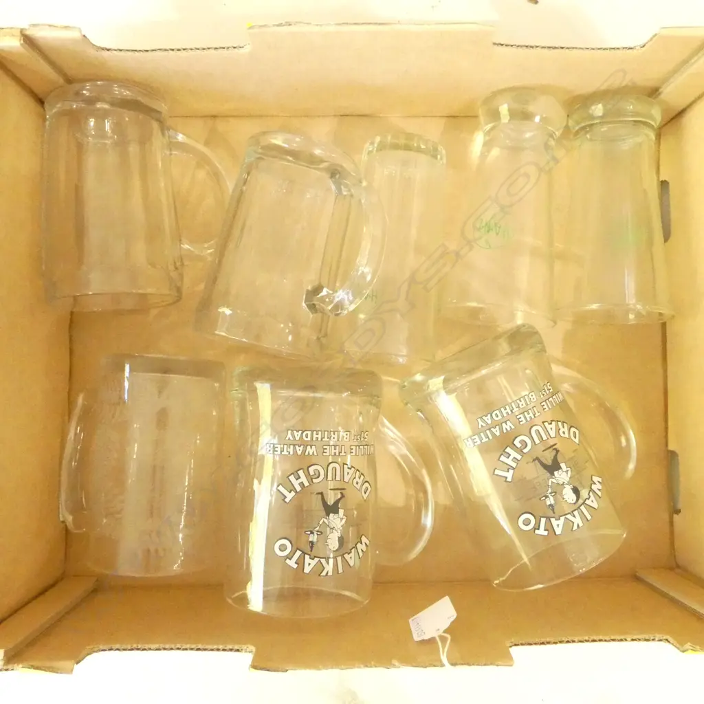 EIGHT VINTAGE BEER GLASSES & TANKARDS – WAIKATO WILLIE THE WAITER, HANZ, BENTS HOUSE, FERN ETCHED Image 1++