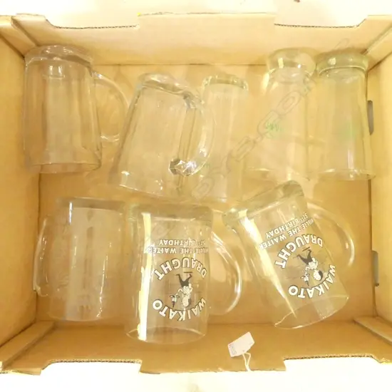 EIGHT VINTAGE BEER GLASSES & TANKARDS – WAIKATO WILLIE THE WAITER, HANZ, BENTS HOUSE, FERN ETCHED