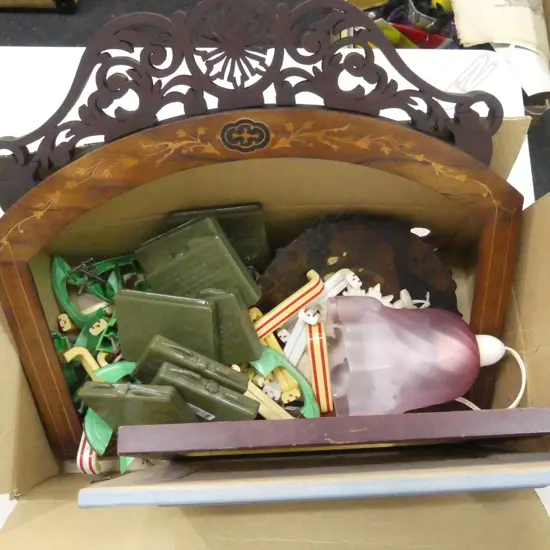 ASST. ITEMS; VICTORIAN FRAME, LACQUER PLATE, PINK GLASS LIGHT FITTING, DECO HANDLES ETC