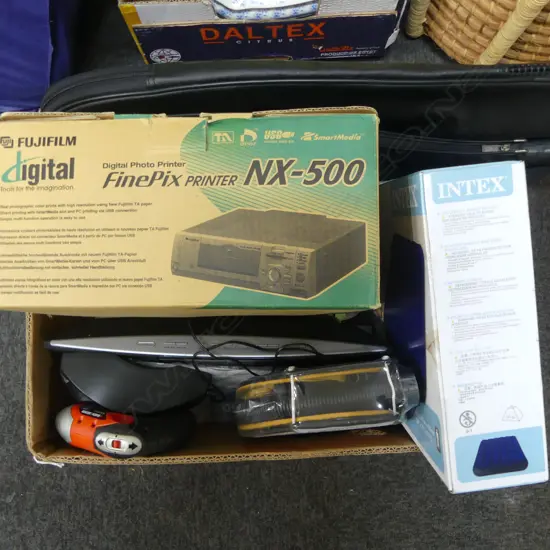 2 TENNIS RACKETS, AIR BED, PRINTER, CORDLESS DRILL ETC