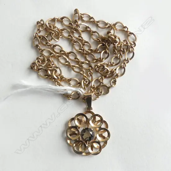 9CT NECKLACE w. SMOKEY QUARTZ PENDANT 12.7gms