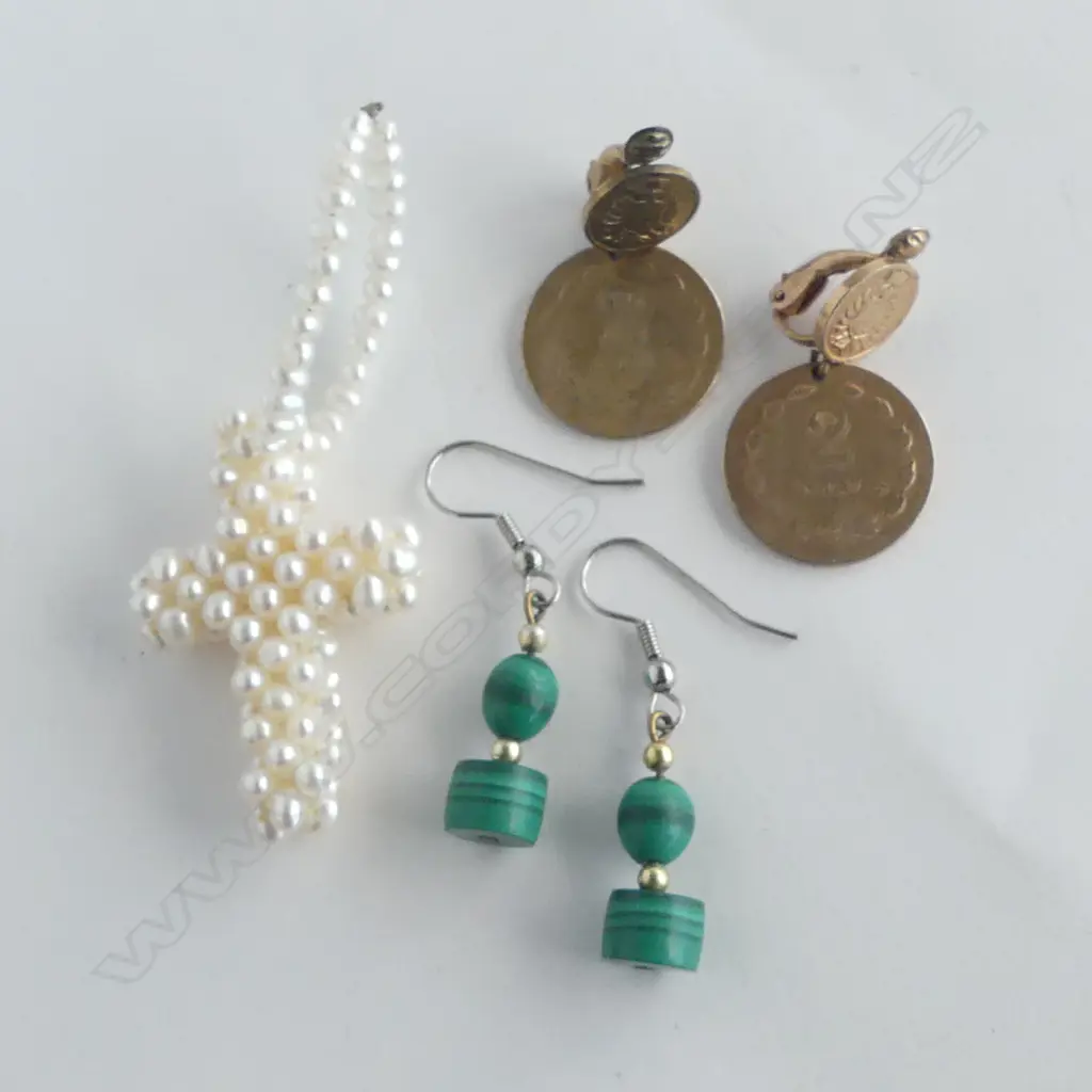 FRESH WATER PEARL CROSS + 2 PRS EARRINGS; COINS & MALACHITE  Image 1++