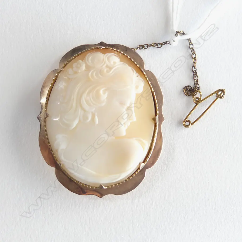 VINTAGE 9CT FRAMED CLASSICAL CAMEO BROOCH 11.18gms woman in profile Image 1++
