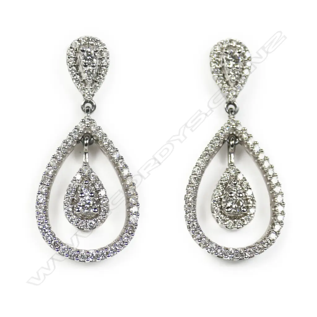 A pair of 14ct and multi diamond drop earrings, Image 1++