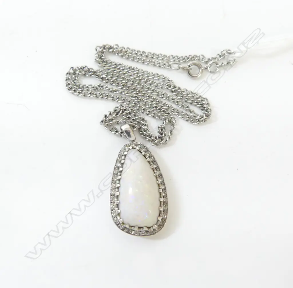 MILK OPAL AND DIAMOND PENDANT SET IN SILVER/PALLADIUM ? WITH SILVER PLATE CHAIN Image 1++