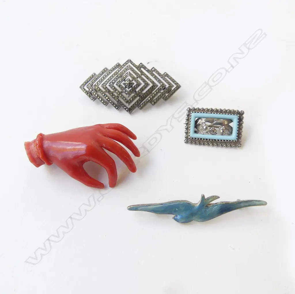 4 ASST. BROOCHES; STG, FAUX CORAL HAND ETC Image 1++