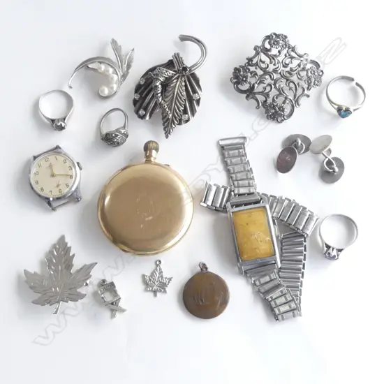 ASST SILVER JEWELLERY: 4 BROOCHES + CUFFLINKS + 3 RINGS + DIRECTOR chair charm together w 3 watches a.f etc