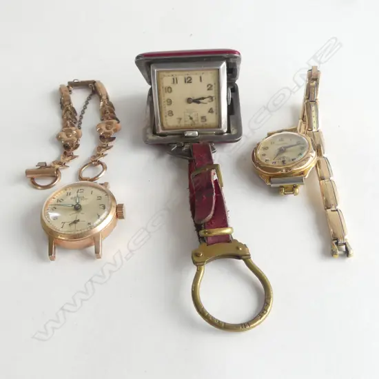 3 WATCHES; 1 w. 9CT STRAP, 925 TRAVELLING CLOCK, GP