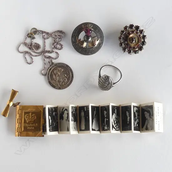 5 VINTAGE JEWELLERY PCES: silver marcasite ring + Scottish silver & 9ct brooch + silver St. Christopher + 1953 mini book