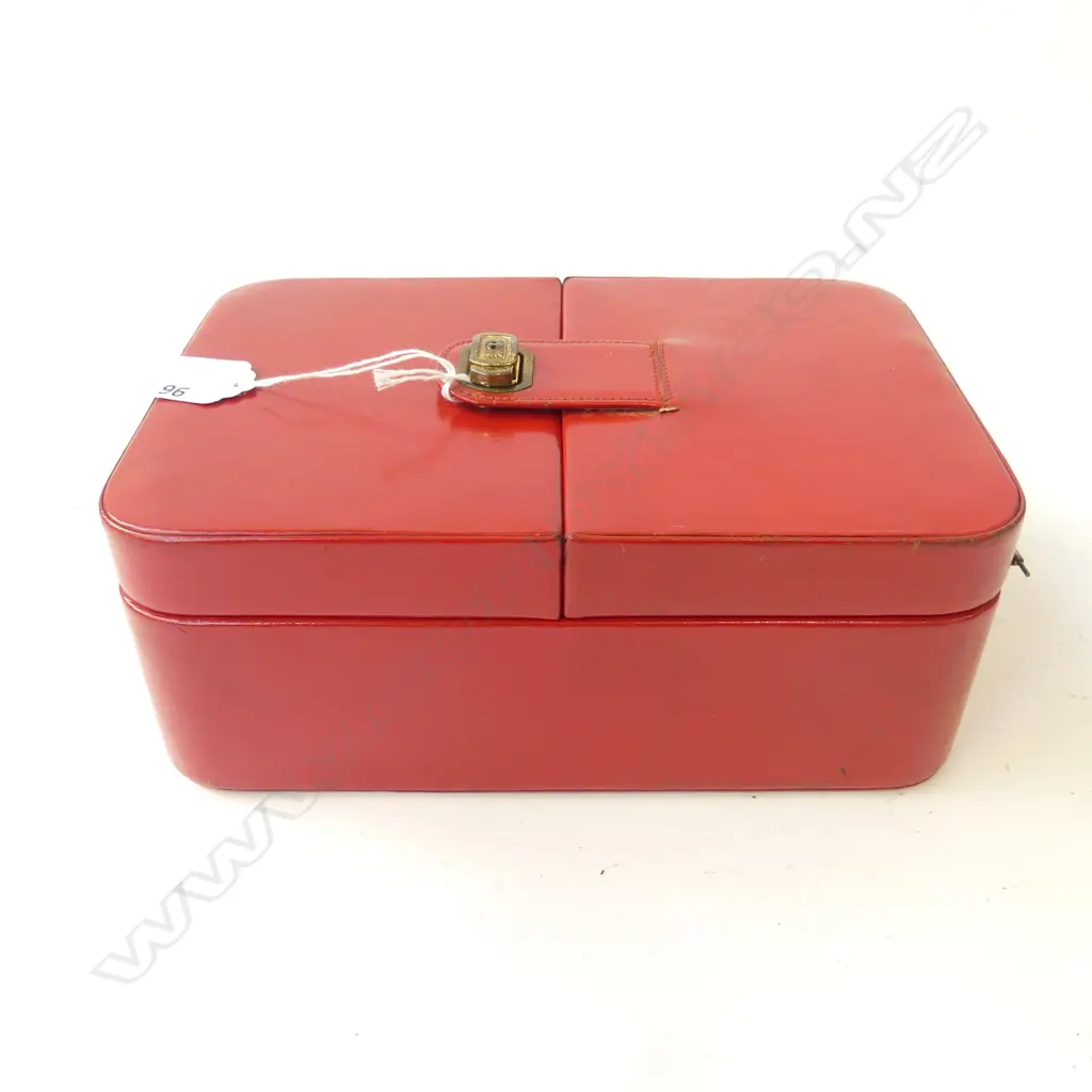 RED LEATHER JEWEL BOX + JEWELLERY: OLD SILVER GILT STRAITS SETTLEMENT PCES  + BROWN JADE PENDANT +HEAVY SILVER CUFFLINKS Image 1++