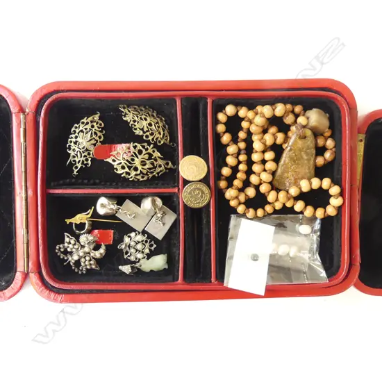 RED LEATHER JEWEL BOX + JEWELLERY: OLD SILVER GILT STRAITS SETTLEMENT PCES  + BROWN JADE PENDANT +HEAVY SILVER CUFFLINKS