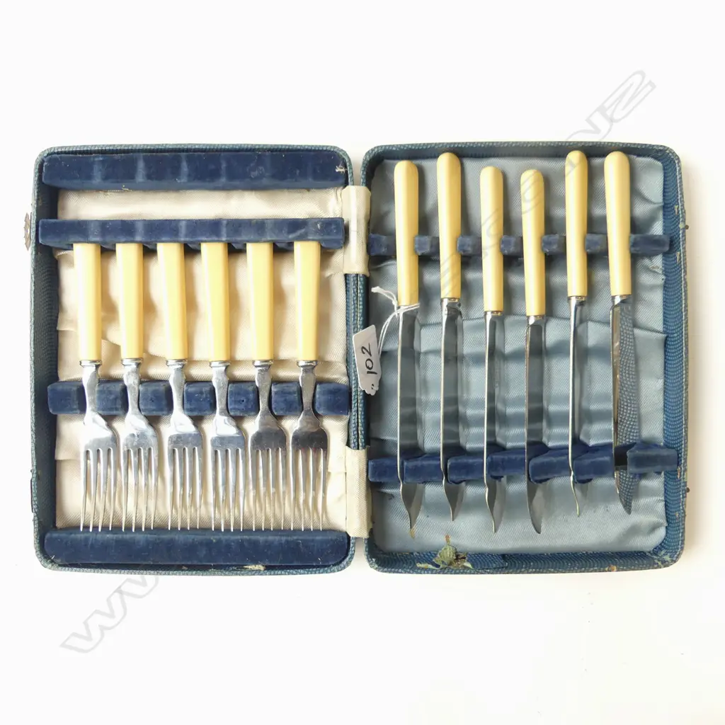 3 CASES CUTLERY; 12 PCE IVORINE FISH SET, 6 COFFEE SPOONS, KNIFE & SPOON Image 1++