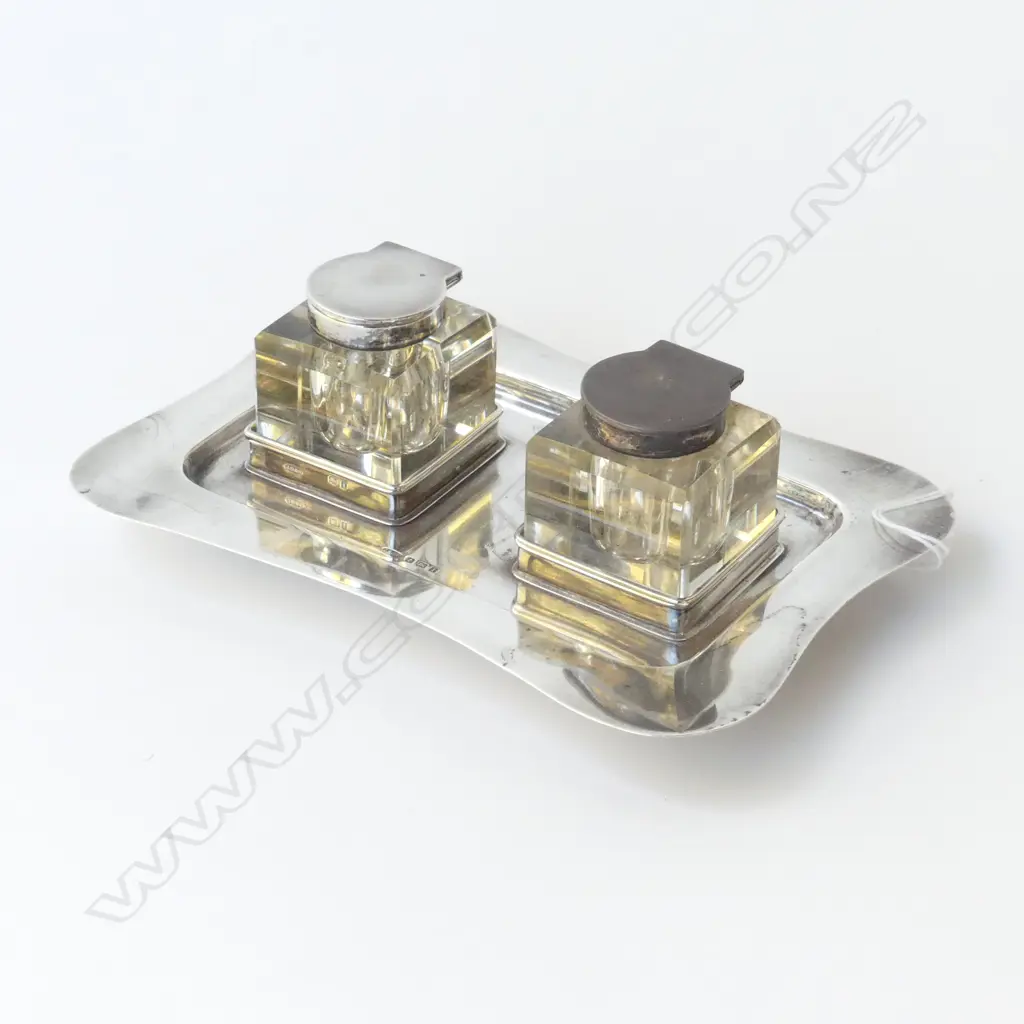 STG SILVER DOUBLE INKWELL DESK SET, B'HAM 1908 130x185mm 193gms Image 1++