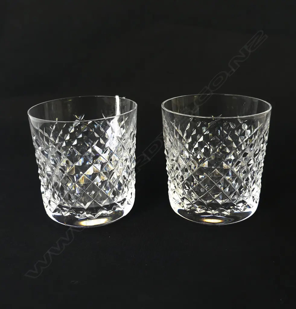 PAIR WATERFORD VINTAGE CUT CRYSTAL DOUBLE OLD FASHIONED WHISKY TUMBLERS, D.80MM H.85MM Image 1++