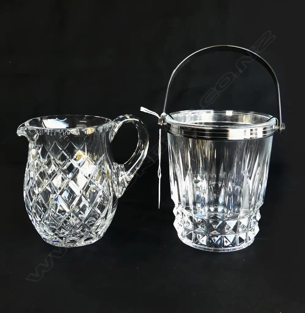CRYSTAL JUG, ICE BUCKET, SILVER PLATE CHAMPAGNE OPENER & WINE POURER Image 1++