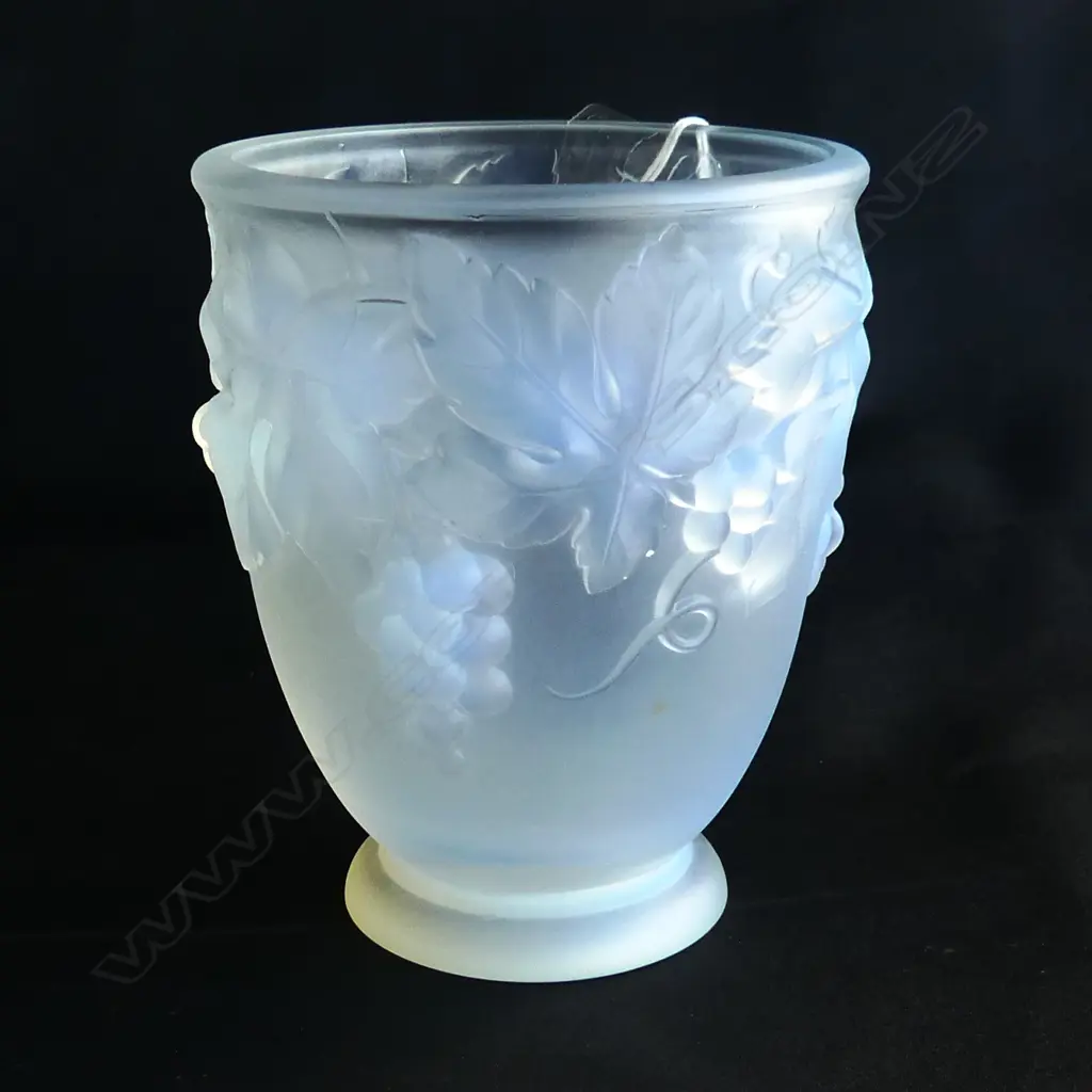 ART DECO ETLING PALE BLUE OPALESCENT GLASS VASE, GRAPES PATTERN, H.130mm Image 1++