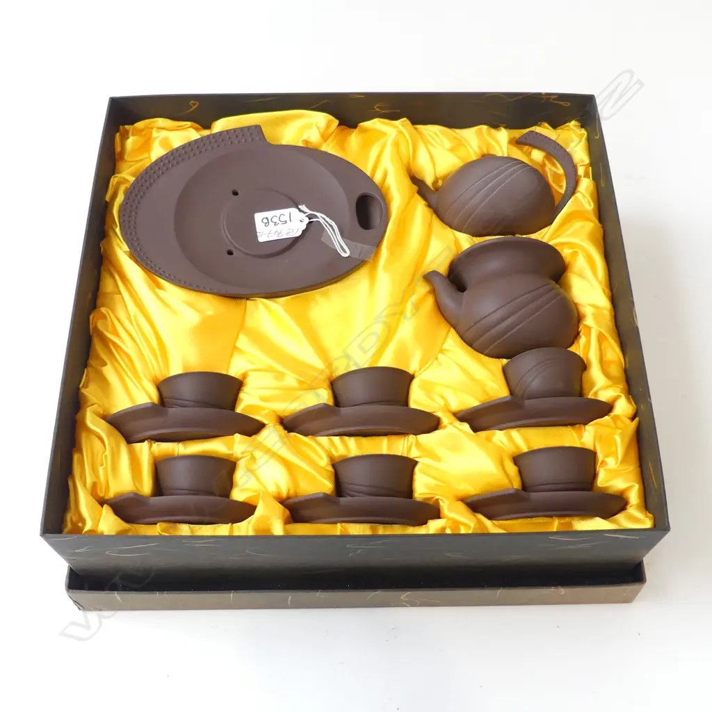 BOXED CHINESE YIXING DARK TERRACOTTA TEA SERVICE. 2 pots + stand + 6 cups & saucers  Image 1++