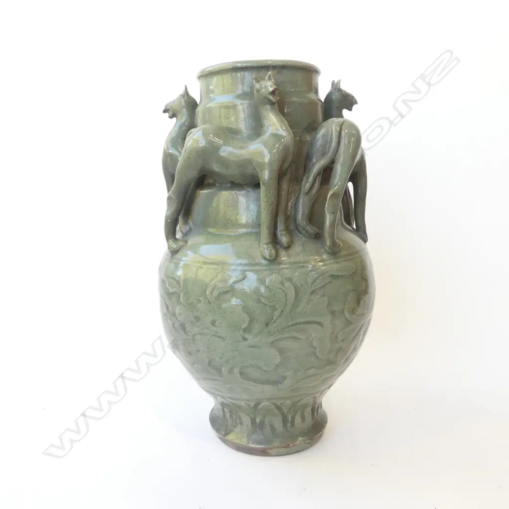 CHINESE GLAZED CELADON RICE JAR w. HORSE DECORATION H.360mm Image 1++