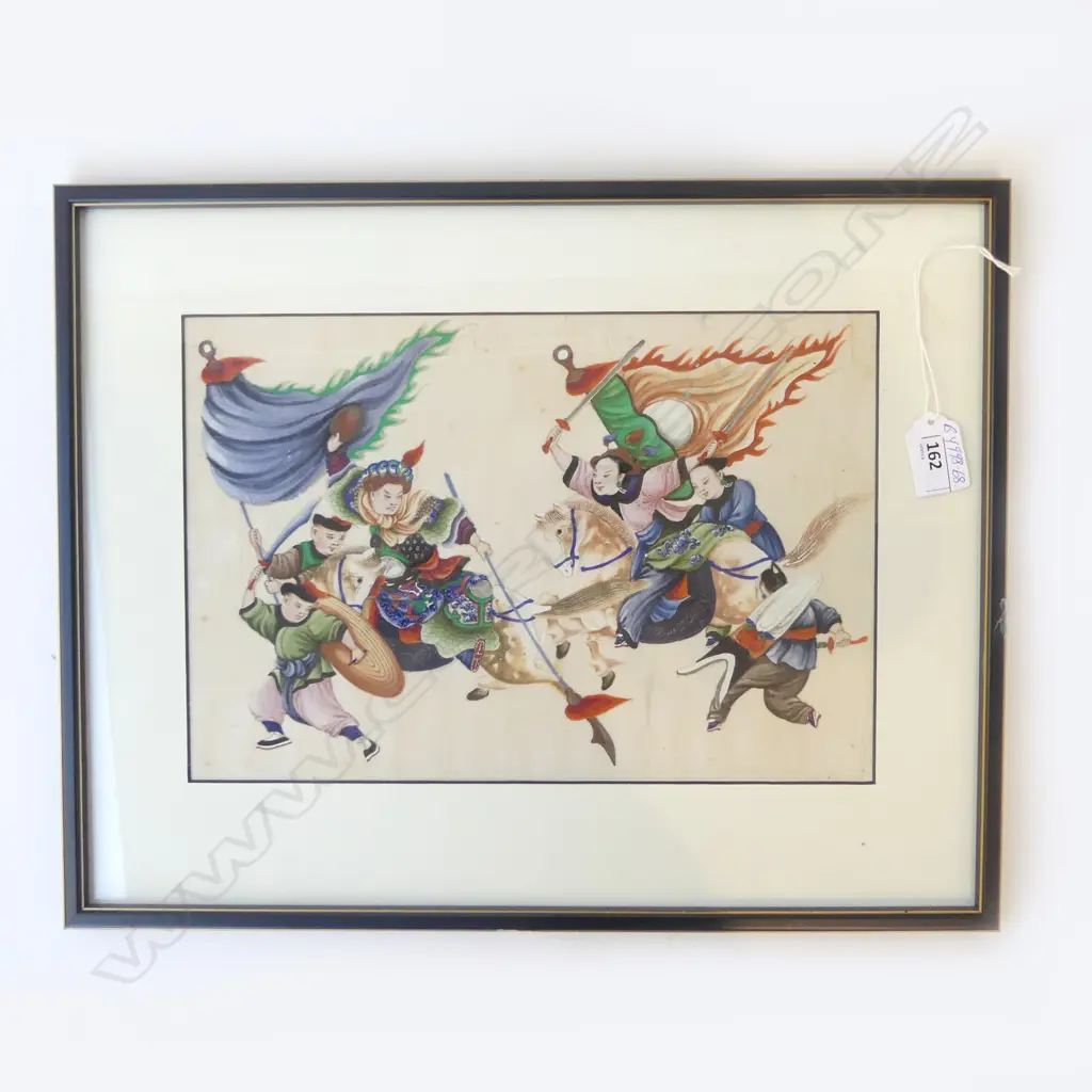19thC CHINESE W/C ON PITH PAPER warring figures on horse back w flags 210 x 310mm Image 1++