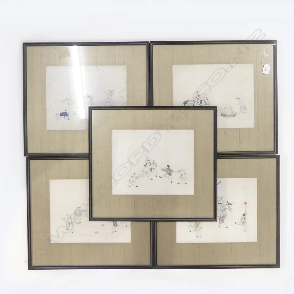 SERIES OF 5 OLD CHINESE INK DRAWING / PRINT? Children playing blind mans bluff + bathing etc 230 x 295mm w provenance... Image 1++