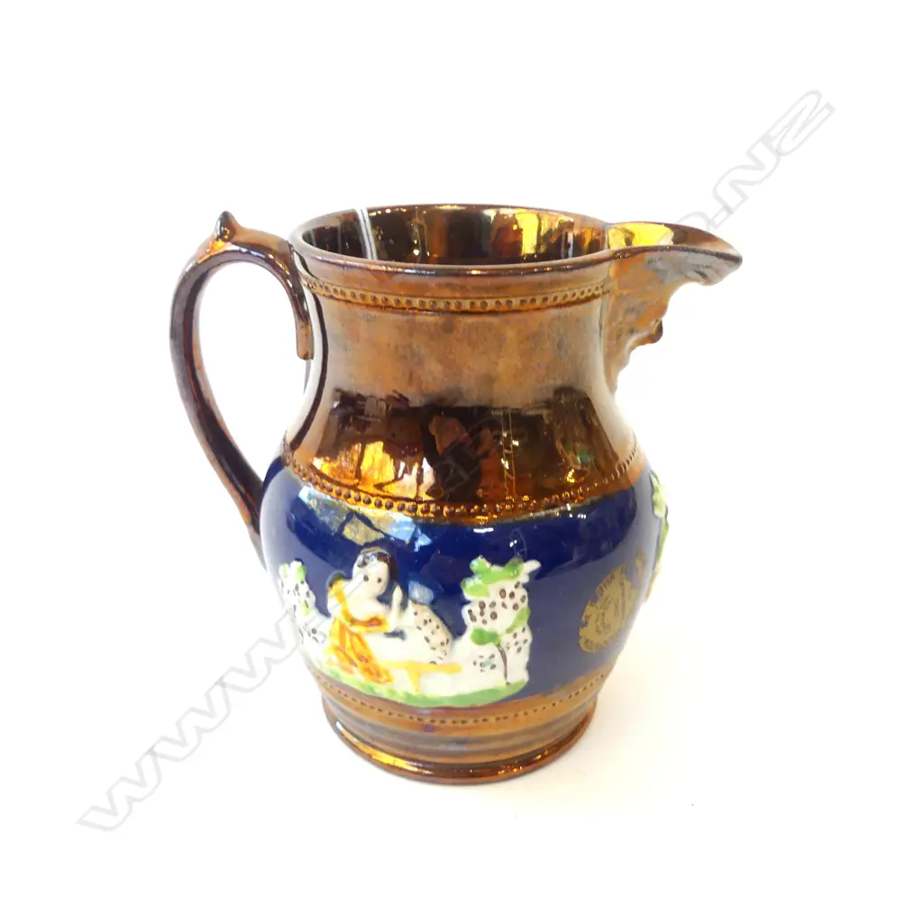 EARLY VICTORIAN COPPER LUSTRE JUG WITH ANTIQUE DEALERS’ ASSOCIATION LABEL, H.125MM Image 1++