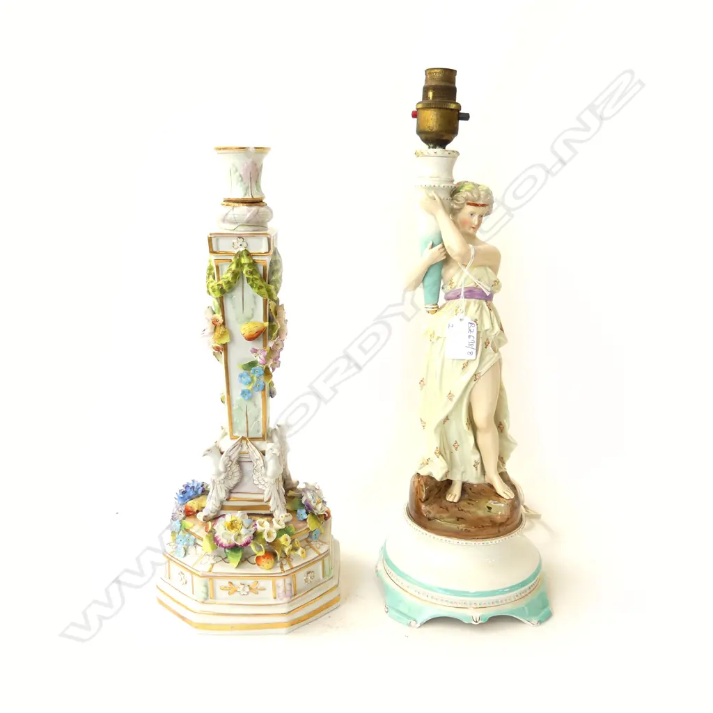 2 19thC GERMAN PORCELAIN LAMP BASES; CLASSICAL FIGURE H.435mm, OTHER (FAULTS) H.375mm Image 1++