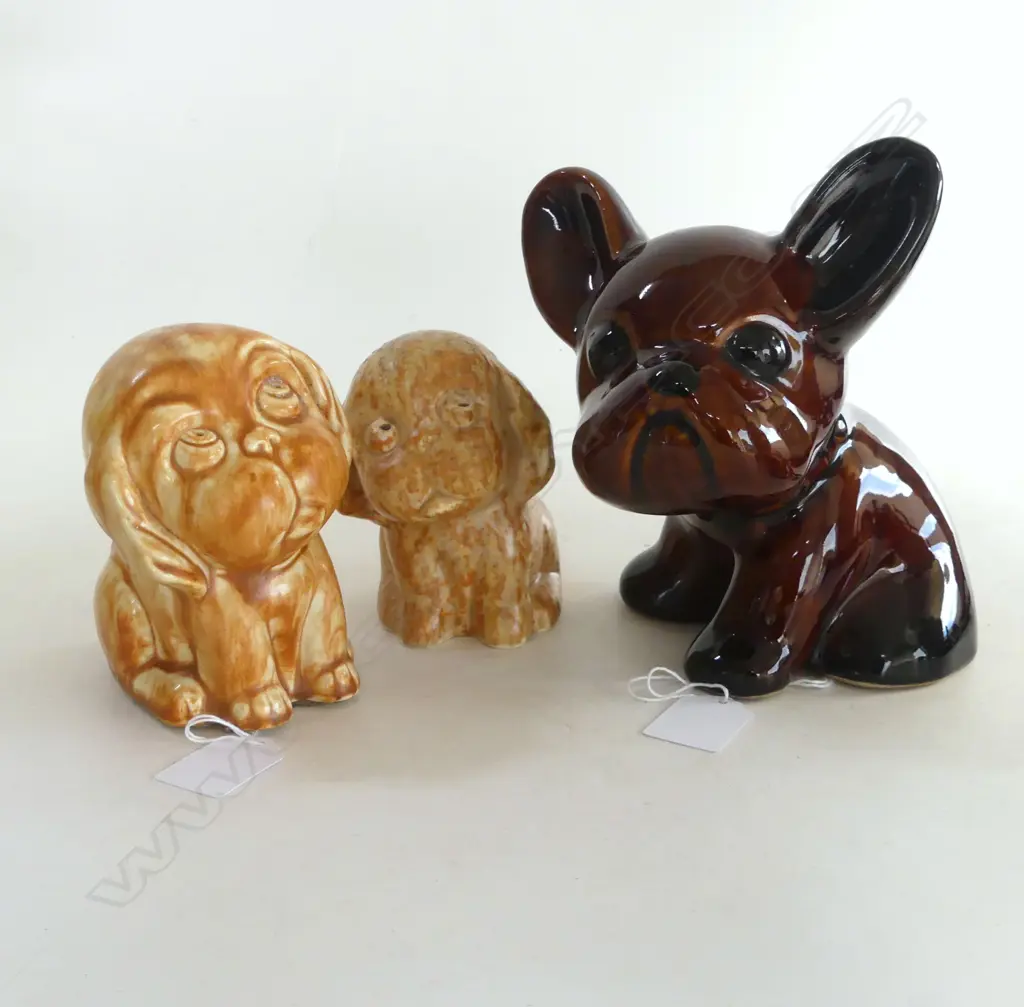 BOURNE DENBY FRENCH BULLDOG & TWO CROWN DEVON DOGS (eyes absent) Image 1++