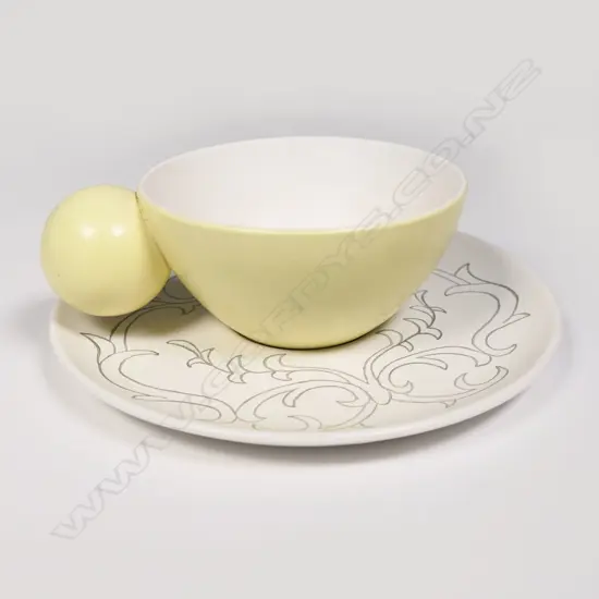 DOROTHY THORPE CROWN LYNN 'SANTA BARBARA' YELLOW CUP & SAUCER, #472