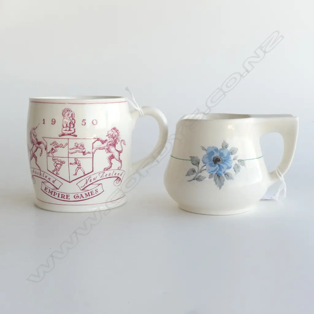 2 PC; CROWN LYNN EMPIRE GAMES 1950 SOUVENIR MUG, H.100mm & CROWN LYNN SHAVING MUG Image 1++