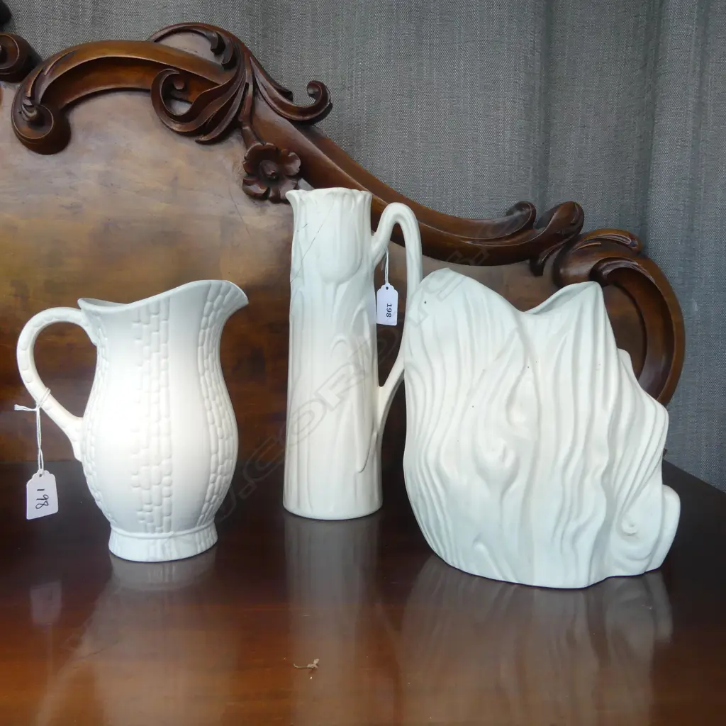 3 CREAM CROWN LYNN VASES, TRUNK VASE, TALL VASE w TULIPS & BAMBOO JUG (all with faults) Image 1++