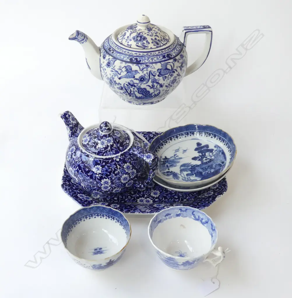 2 BURLEIGH WARE TEAPOTS + PLATTER 190x250mm + 2 ANTIQUE B/W C/S (CHINESE EXPORT SAUCER REPAIRED) Image 1++