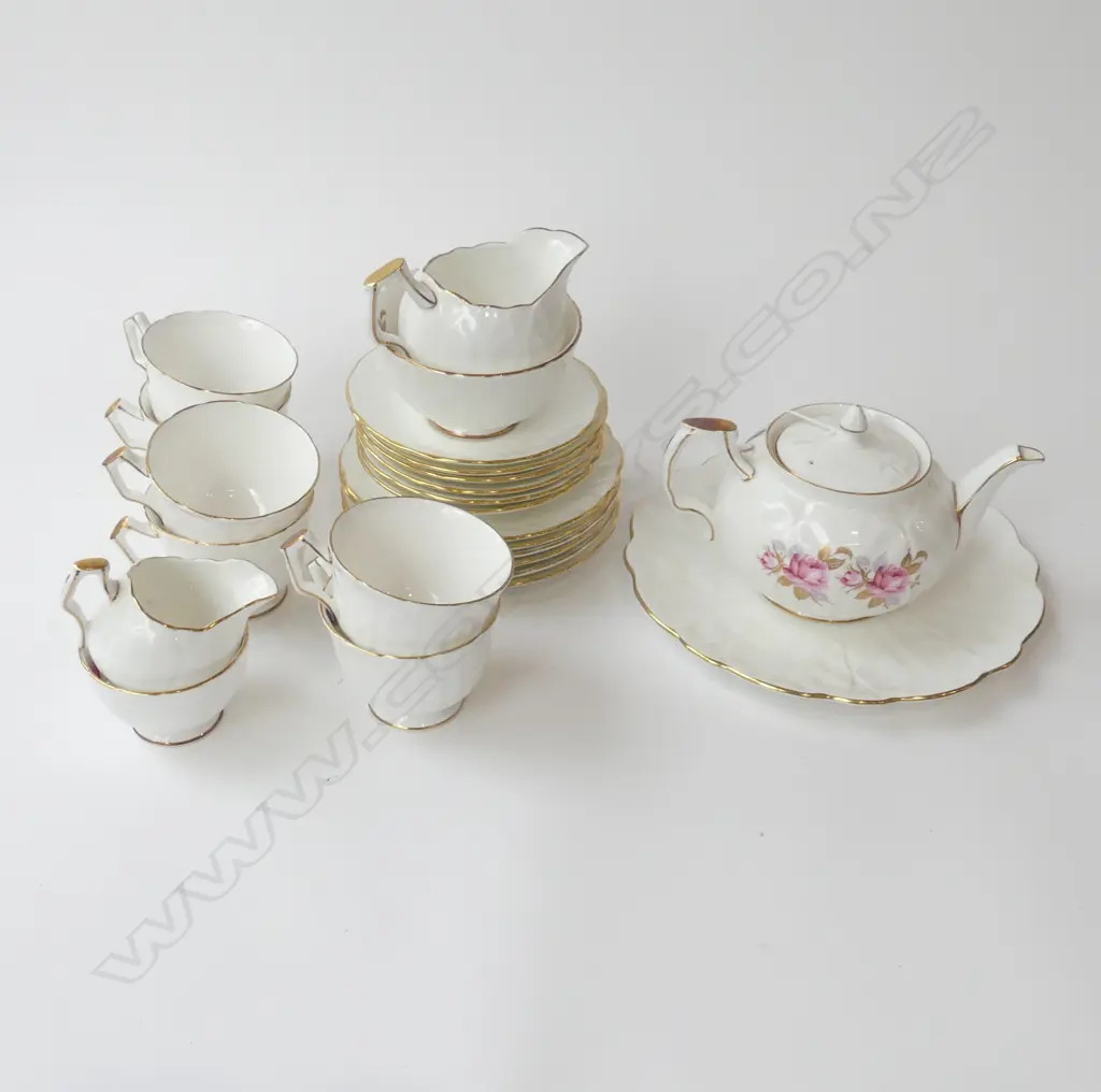 AYNSLEY TEA SET; TEAPOT, 6 TRIOS, 2 MILKS, 2 SUGAR, CAKE PLATE Image 1++