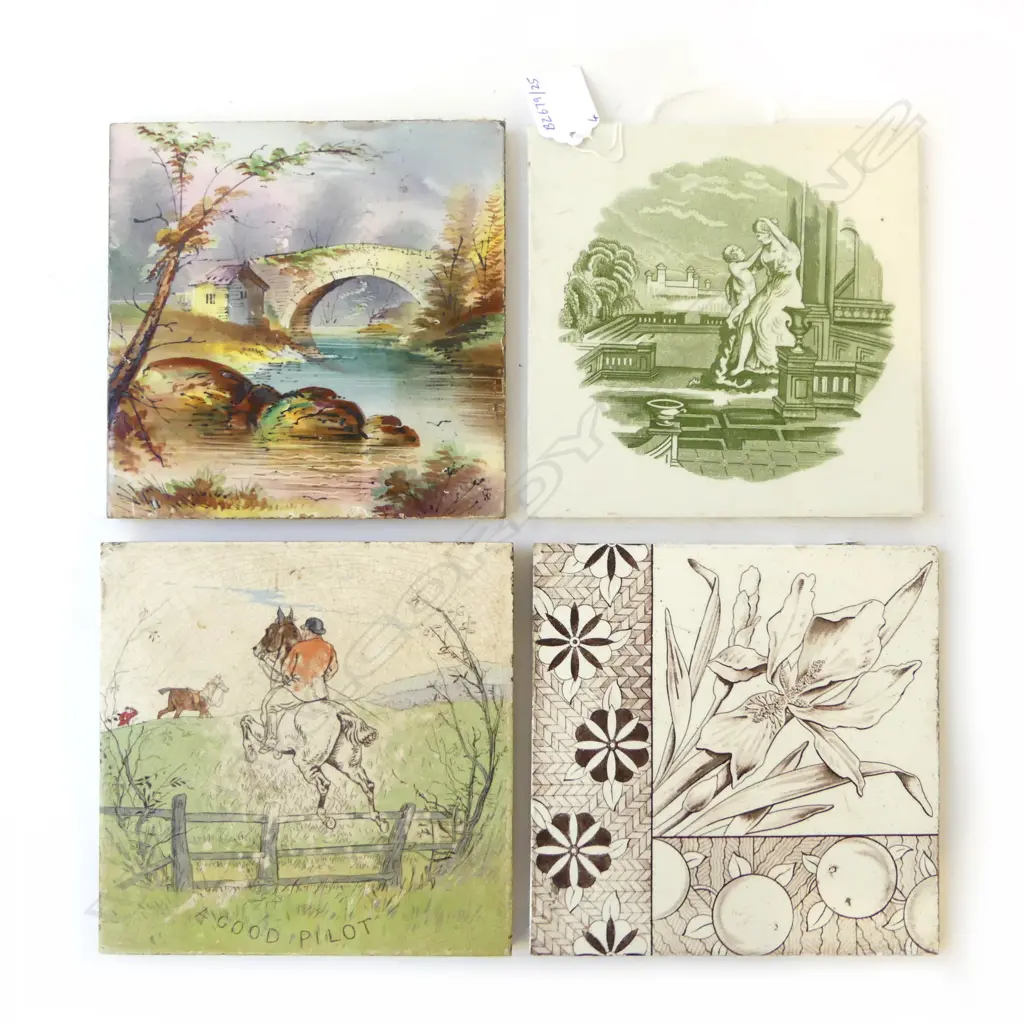 FOUR ANTIQUE TILES – MINTONS CHINA WORKS ‘A GOOD PILOT’, ‘A.M’ CLASSICAL DESIGN ETC, L.150MM Image 1++
