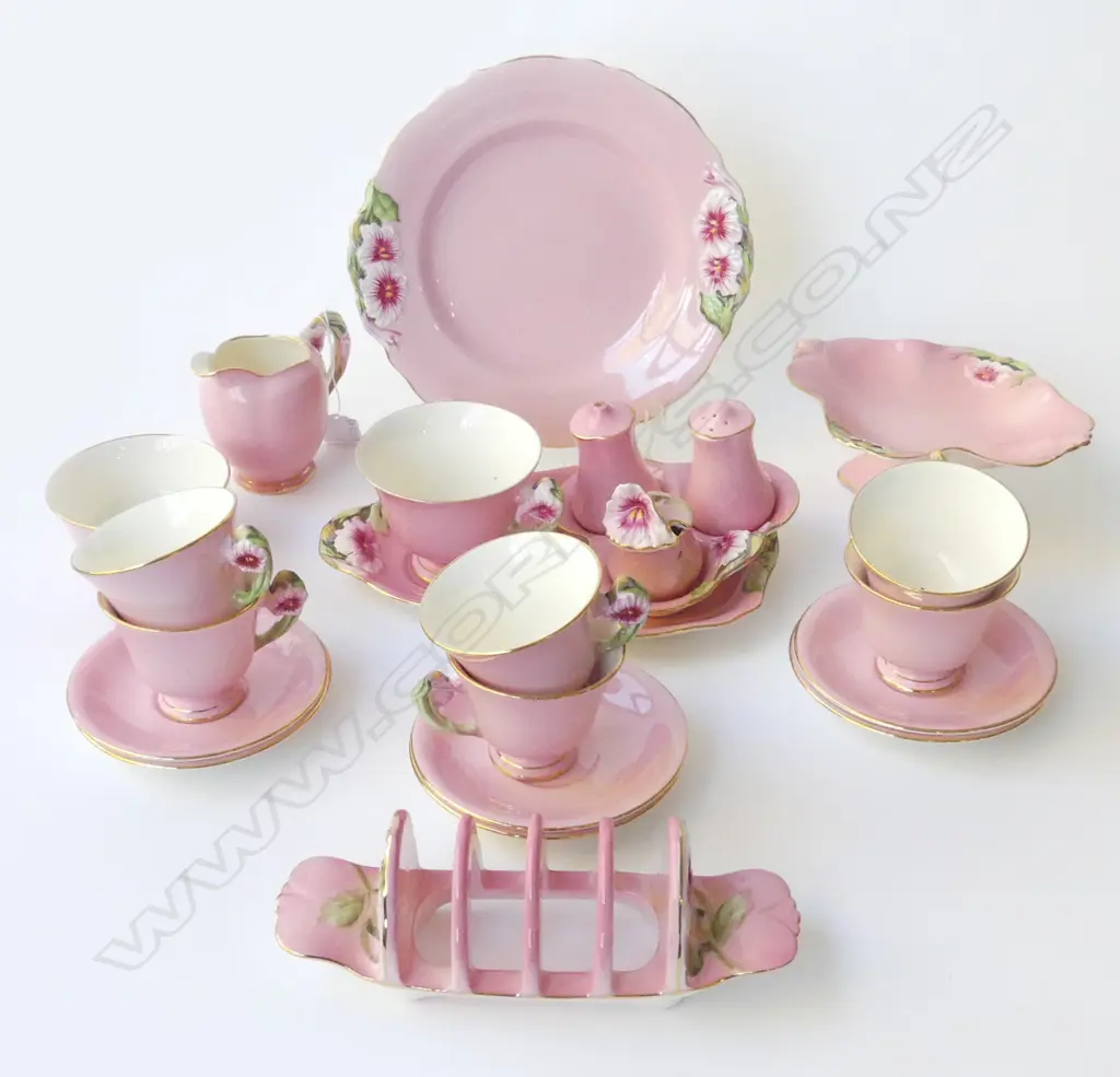 19 PCES PINK ROYAL WINTON; 6 C/S, TENNIS SET, MILK & SUGAR ETC Image 1++