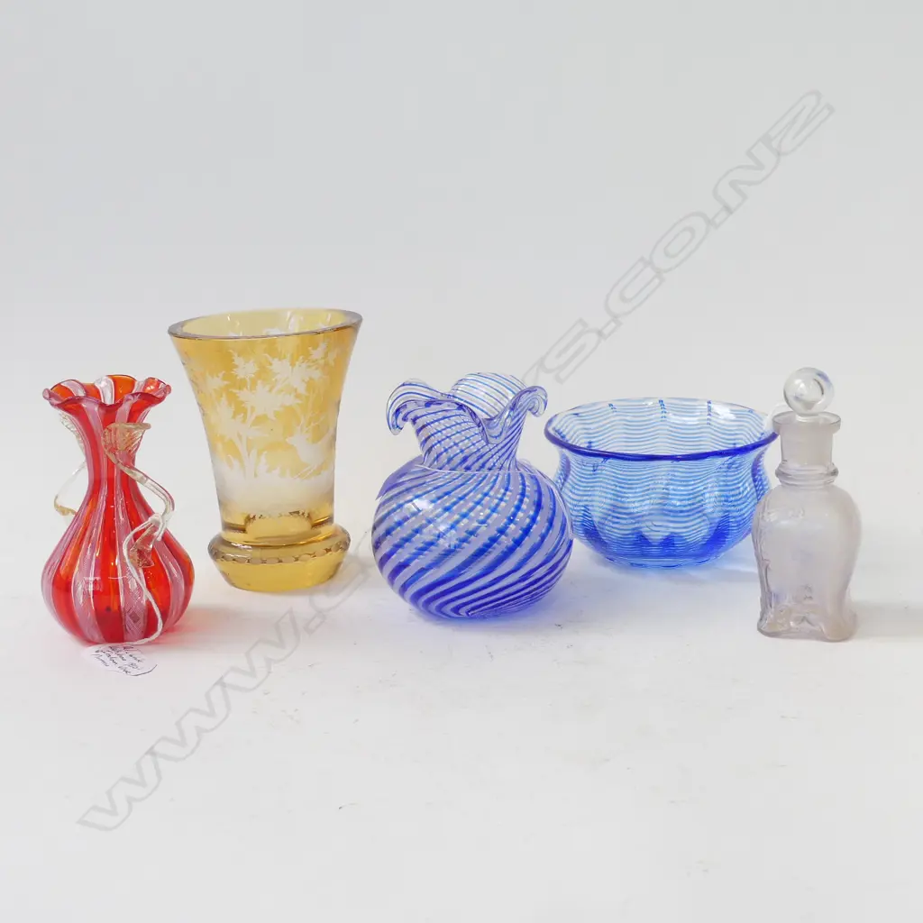 4 GLASS VASES; MURANO, 19thC ETCHED H.120mm + PERFUME BOTTLE Image 1++