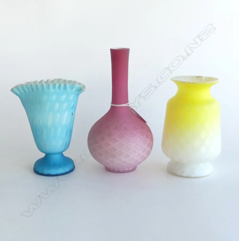 THREE VICTORIAN SATIN GLASS VASES, PINK, YELLOW & BLUE,TALLEST H.180mm Image 1++
